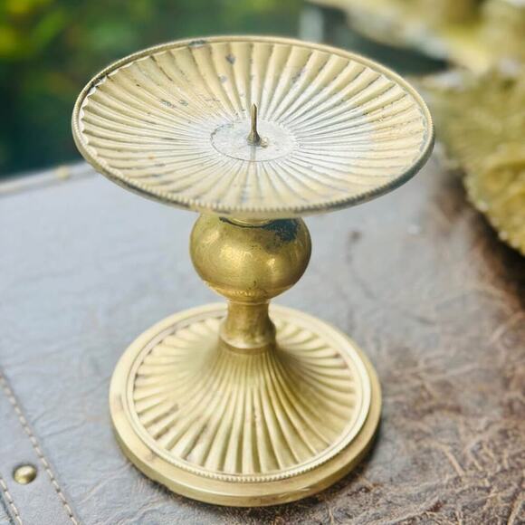 Vintage 6” Solid Brass Candle Holder – Fluted Base & Spiked Plate Top - Picture 2 of 4